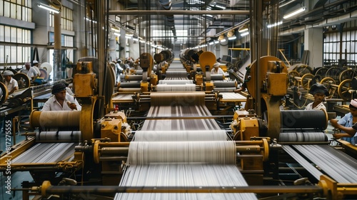 Workers in a textile factory overseeing rows of automated looms weaving intricate patterns into bolts of fabric.