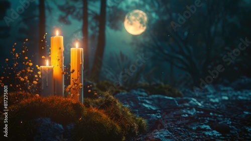 In pagan Wiccan and Slavic traditions for Litha candles and the moon symbolize mystical practices in a dark forest setting This includes witchcraft esoteric rituals and magical ceremonies a