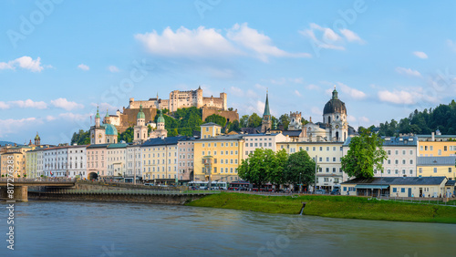 A view of the Hohensalzburg. It is a large medieval fortress in the city of Salzburg, Austria. It sits atop the Festungsberg at an altitude of 506 m 