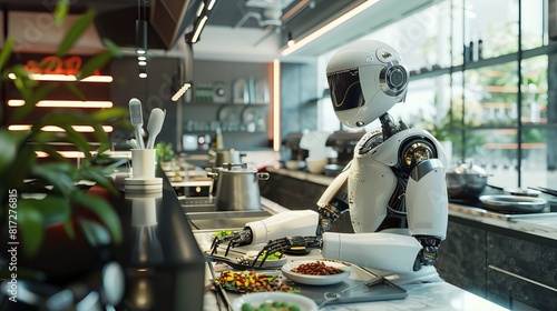 3D rendering of a humanoid robot chef preparing dishes in a restaurant kitchen, representing the future integration of smart robotics and artificial intelligence.