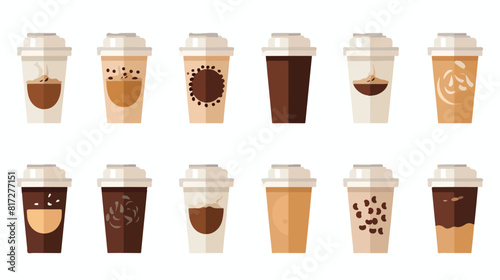Set of paper and cardboard cups and coffee mugs wit