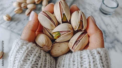  A close-up photo of someone clutching a palmful of nuts, surrounded by a glass of water