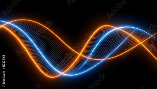 neon colored lines orange and blue moving strokes or lasers as curve wave on black background