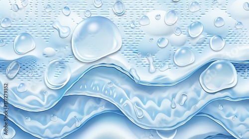 Vector illustration depicting a sanitary absorbent fabric layer pad with a cotton surface, allowing water droplets to flow through, demonstrating hygroscopic properties.