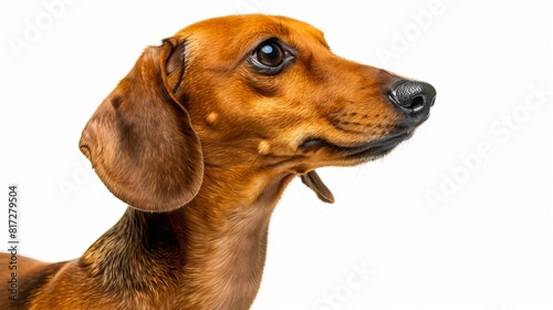 A brown dog looking up at something.