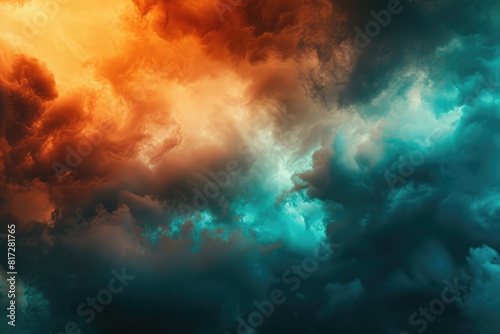 Dark Colorful Abstract Nature Skyline Photo Inspired by Turbulent Colors in Dark Orange and Cyan