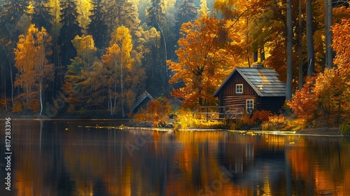 A cabin is surrounded by trees and water in the fall.