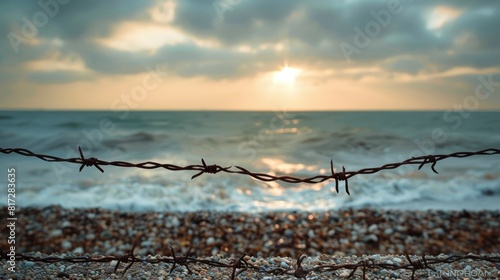As the metal barbed wire from World War II glistens in the foreground the serene beauty of the English Channel provides a striking backdrop