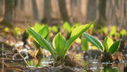 skunk cabbage growing green leaves of the first spring plants in wisconsin skunk cabbage is native wisconsin florals and one of the earliest blooming perennial wildflowers in spring