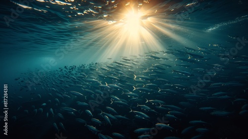 Vibrant underwater close up high quality photo of sardine school with ample light and empty space