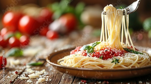  A close-up of a plate of spaghetti with sauce and Parmesan sprinkles, surrounded by juicy tomatoes