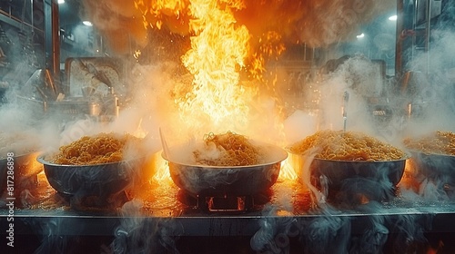  A table in front of a fire holds multiple bowls of steaming food with rising smoke from the top