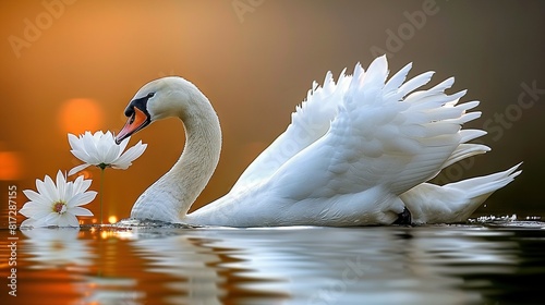  Swan swimming in water with flower in beak, reflection on water