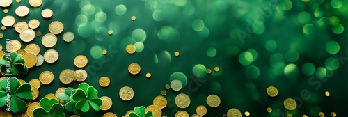 Festive green background sparkling with bokeh effect and scattered with clovers and gold coins, perfect for St Patrick's Day celebrations