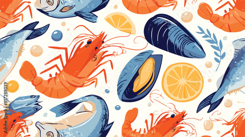 sketch seafood seamless pattern with trout red cavi