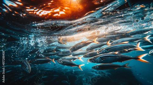 Vivid underwater capture high quality close up photo of sardine school in clear lighting