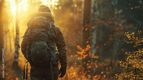 Back view of a hiker with a backpack. Marketing product photography of a backpack in the forest with beautiful golden hour backlight
