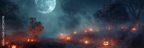 A spooky Halloween setting featuring a full moon, misty forest, and glowing jack-o'-lanterns scattered on the ground