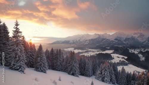 sunset in kopa kondracka in polish tatra mountains in winter snow weather conditions