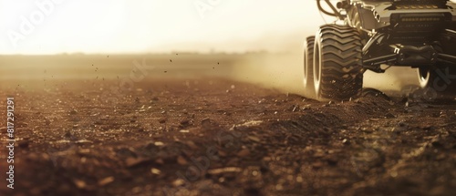 Close up of a biome restoration robot, combating desertification by deploying soil stabilizers in a barren landscape, the horizon a dusty blur, sharpen with copy space