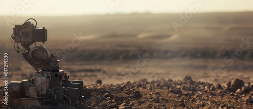 Close up of a biome restoration robot, combating desertification by deploying soil stabilizers in a barren landscape, the horizon a dusty blur, sharpen with copy space