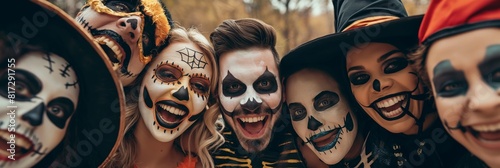 A festive group of friends are showcasing their Halloween makeup, featuring skulls and eerie designs