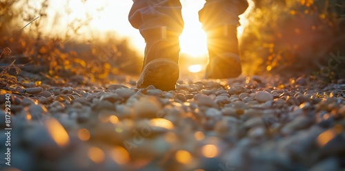 a man walking on a gravel road at sunset
