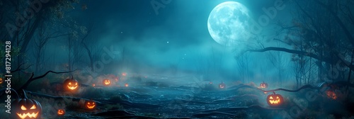 A haunting Halloween scene featuring jack-o'-lanterns, a full moon, and eerie blue mist in a forest