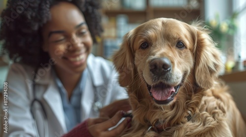 diverse veterinary clinic, a young hispanic vet carefully examining a golden retriever with an elderly african american woman in a peaceful clinic, bathed in gentle daylight from the windows