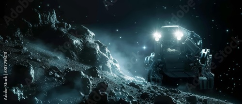 Close up of a natural resource extraction robot, mining minerals on an asteroid, the stars and blackness of space a cold blur around its illuminated form, sharpen with copy space