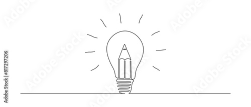 Light bulb and pencil in one continuous line drawing. Creative idea innovation and writer and poetry concept. Lightbulb symbol in Editable stroke. Doodle Vector illustration