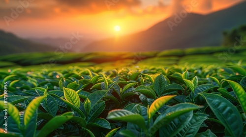 sunrise illuminates lush tea bushes in neat rows, embodying the beauty of natural cultivation and the essence of tea plantations ideal background for tea concept
