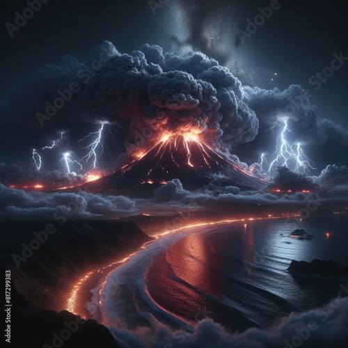 3D rendering AI illustration Volcano Eruption with lava and storm cloudy night sky