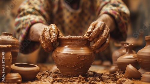 A skilled potter's hands shaping a clay pot on a spinning wheel, capturing the elegant movement and finesse of the artisan's craft