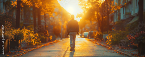 Person walking down sunlit autumn street