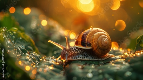nature photography, a tiny snail leisurely moving across a leaf, leaving a glistening trail of slimy mucus in its wake