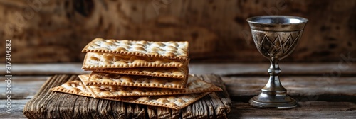 Traditional unleavened bread matzah and a silver wine cup set for a Jewish Passover meal