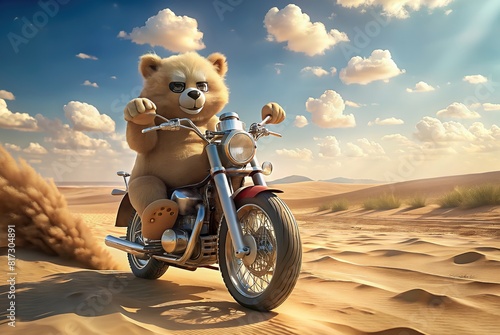 A cool Teddy bear in sunglasses on a bike rides through the desert, a cartoon character in a new way, Harley