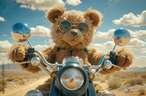  A cool Teddy bear in sunglasses on a bike rides through the desert, a cartoon character in a new way, Harley