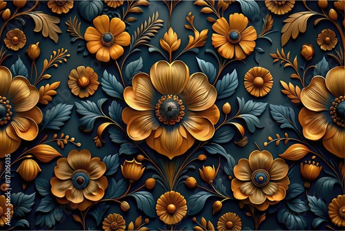 The texture of the bas-relief, Golden flowers on a black background, Artistic printing with a golden texture. Oil painting by hand. Oil on canvas, brush strokes. Contemporary art. Prints, wallpapers, 