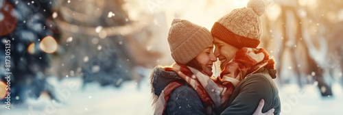 A couple's warm embrace in a wintry setting evokes feelings of love and companionship against a cold backdrop