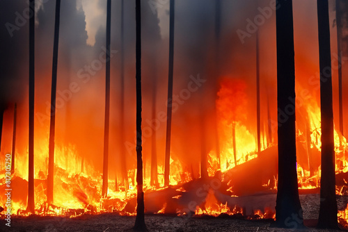 Forest fire. Wildfire. Fire that burns the entire forest with its hot fire flames. Problem that increases with the droughts of recent years. Fires that affect places such as Canada and the USA. Smoke.
