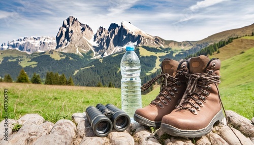 trekking equipment with water bottle binoculars and boots in front of the alpine peaks