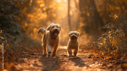 Happy Puppies Walking Down a Trail Dog in the Forest, Nature Landscape Puppy Portrait, Canine Health Exercise Art Veterinarian Backdrop Concept, Pet Marketing Background, Animal Advertising Wallpaper