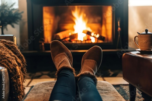 a woman in cozy faux leather slippers relaxing on a moroccan rug near the fireplace, winter holidays