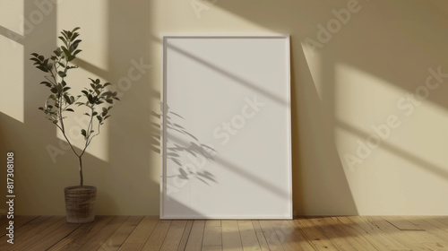Front view mock-up of a minimal movie poster in a3 print with white border on paper. leaning to a beige wall on the wood floor Showcase the details and texture of the print in a realistic setting