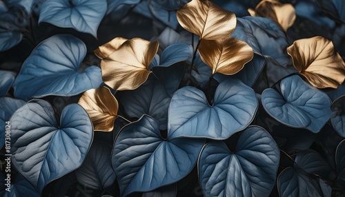 beautiful minimalistic plant nature wallpaper background of blue grey and gold dainty flowers and leaves generative ai