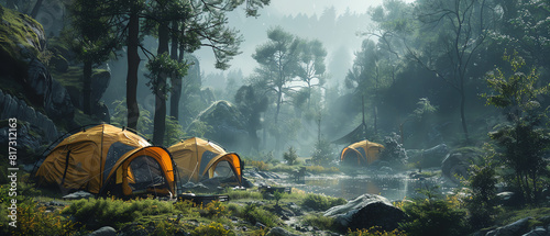 Design a visually striking image that combines the essence of futuristic tech within a forest camping scene