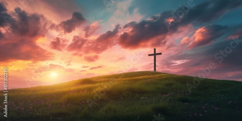 A serene landscape with a Christian cross on a flowering hill during a breathtaking sunset offering symbolism of faith and hope