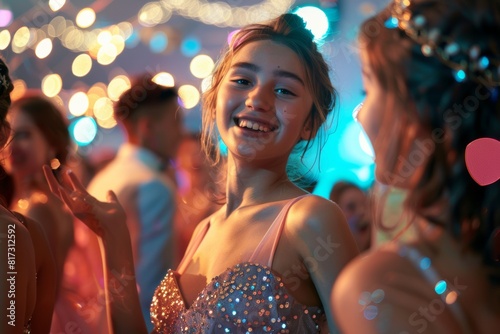 girls graduate students dancing and having fun at their prom night party after graduation, being happy, with confetti flying around